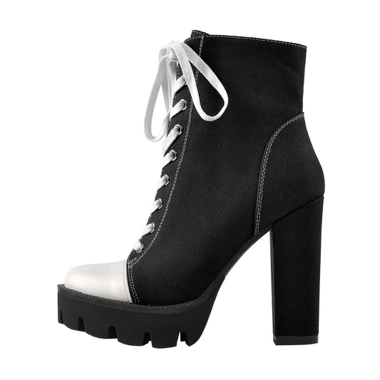 Platform Lace Up Canvas Chunky Heel Boots - Onlymaker Discount