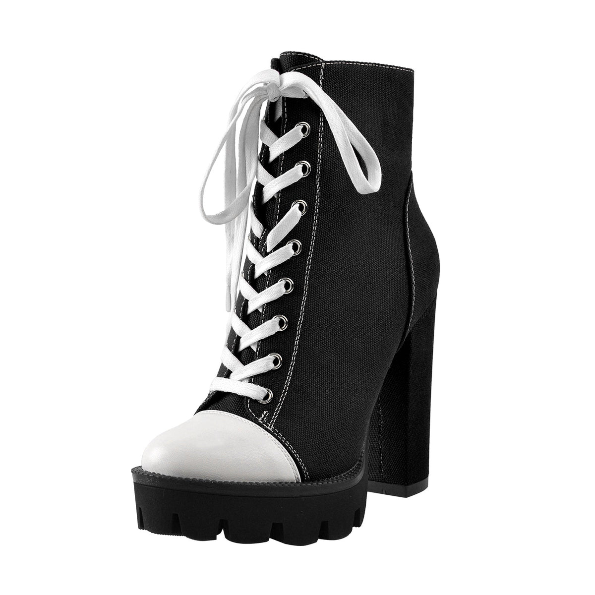 Platform Lace Up Canvas Chunky Heel Boots - Onlymaker Discount