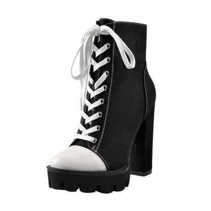 Platform Lace Up Canvas Chunky Heel Boots - Onlymaker Discount