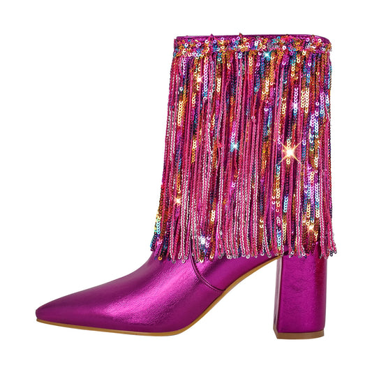 Sequins Pointed Toe Chunky Heel Ankle Boots - Onlymaker Best Seller
