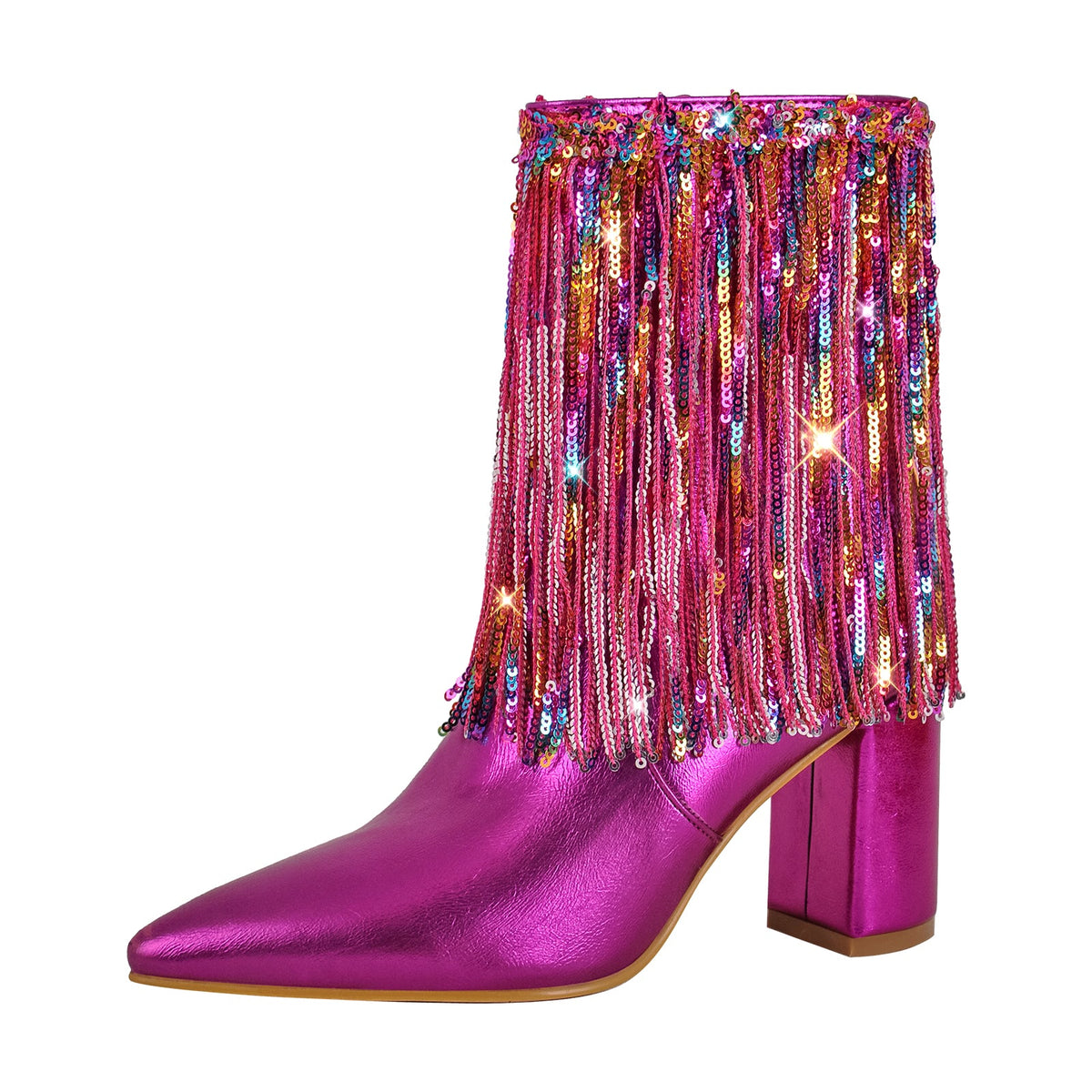 Sequins Pointed Toe Chunky Heel Ankle Boots - Onlymaker Best Seller
