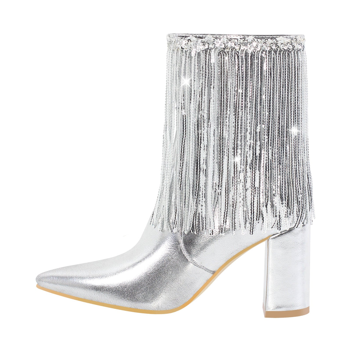 Sequins Pointed Toe Chunky Heel Ankle Boots - Onlymaker Best Seller