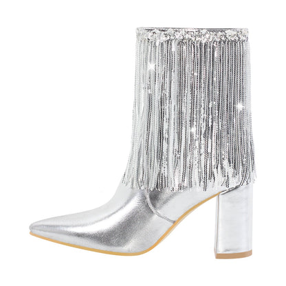 Sequins Pointed Toe Chunky Heel Ankle Boots - Onlymaker Best Seller