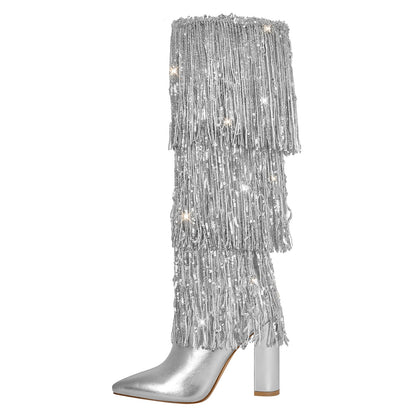Pointed Toe Chunky Heel Fringe Sequin Boots - Onlymaker Classic