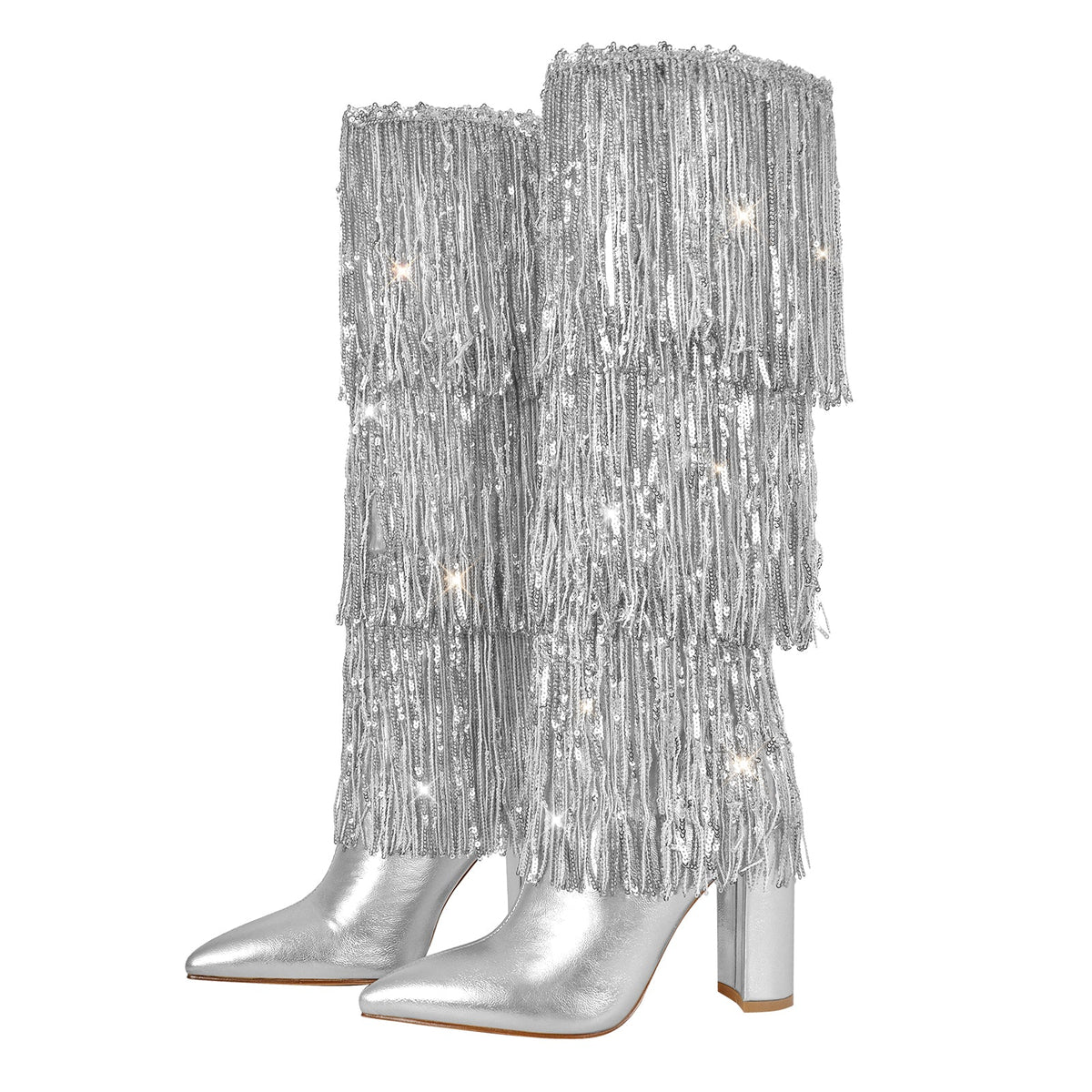 Pointed Toe Chunky Heel Fringe Sequin Boots - Onlymaker Classic
