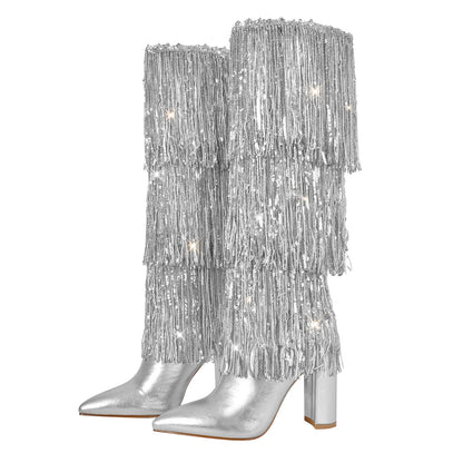 Pointed Toe Chunky Heel Fringe Sequin Boots - Onlymaker Classic