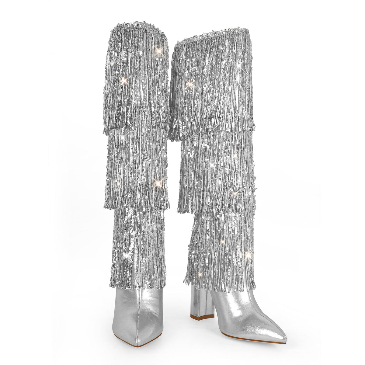 Pointed Toe Chunky Heel Fringe Sequin Boots - Onlymaker Classic