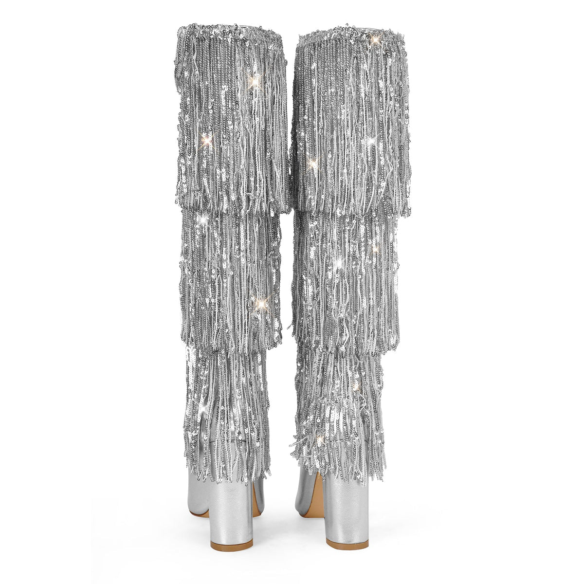 Pointed Toe Chunky Heel Fringe Sequin Boots - Onlymaker Classic