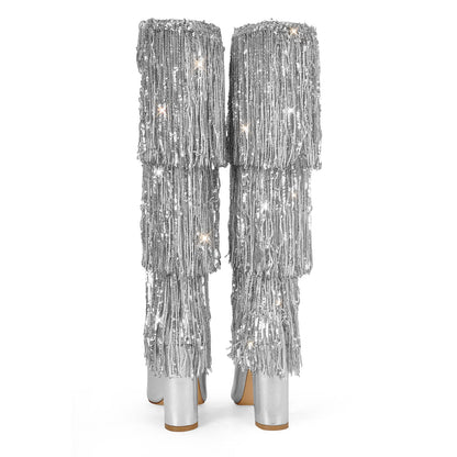 Pointed Toe Chunky Heel Fringe Sequin Boots - Onlymaker Classic