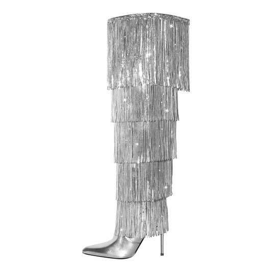 Pointed Toe Stiletto Fringe Metallic Over The Knee Boots - Onlymaker Special Offer