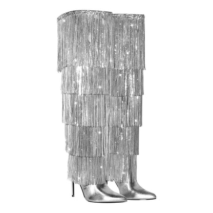 Pointed Toe Stiletto Fringe Metallic Over The Knee Boots - Onlymaker Special Offer