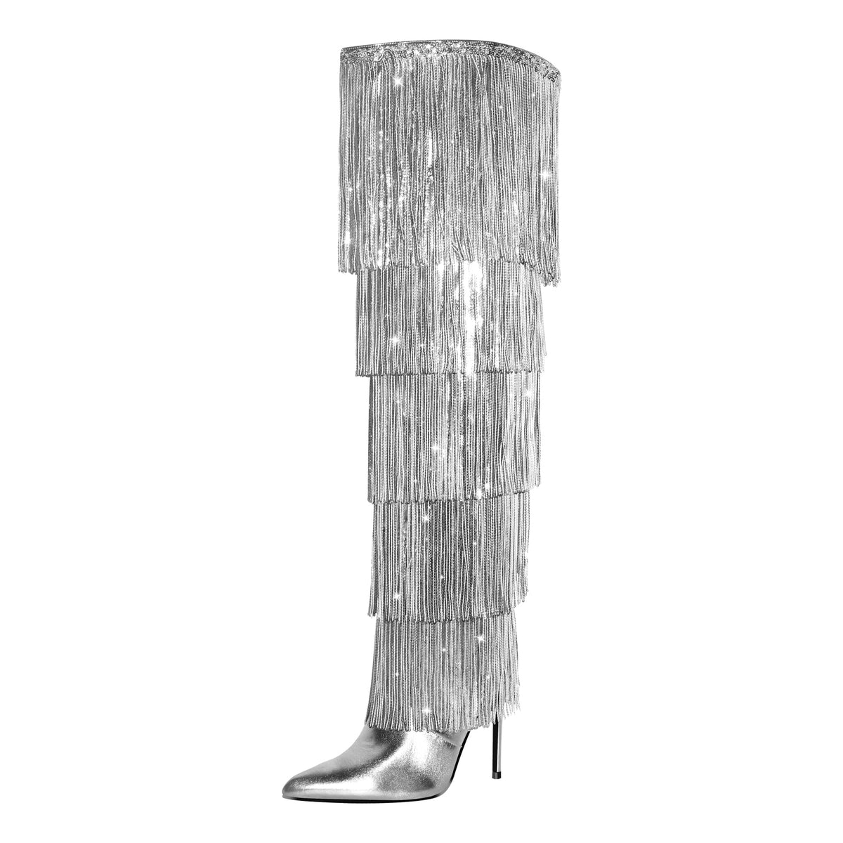 Pointed Toe Stiletto Fringe Metallic Over The Knee Boots - Onlymaker Special Offer