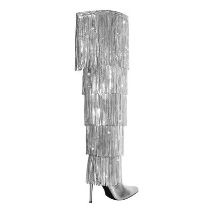 Pointed Toe Stiletto Fringe Metallic Over The Knee Boots - Onlymaker Special Offer