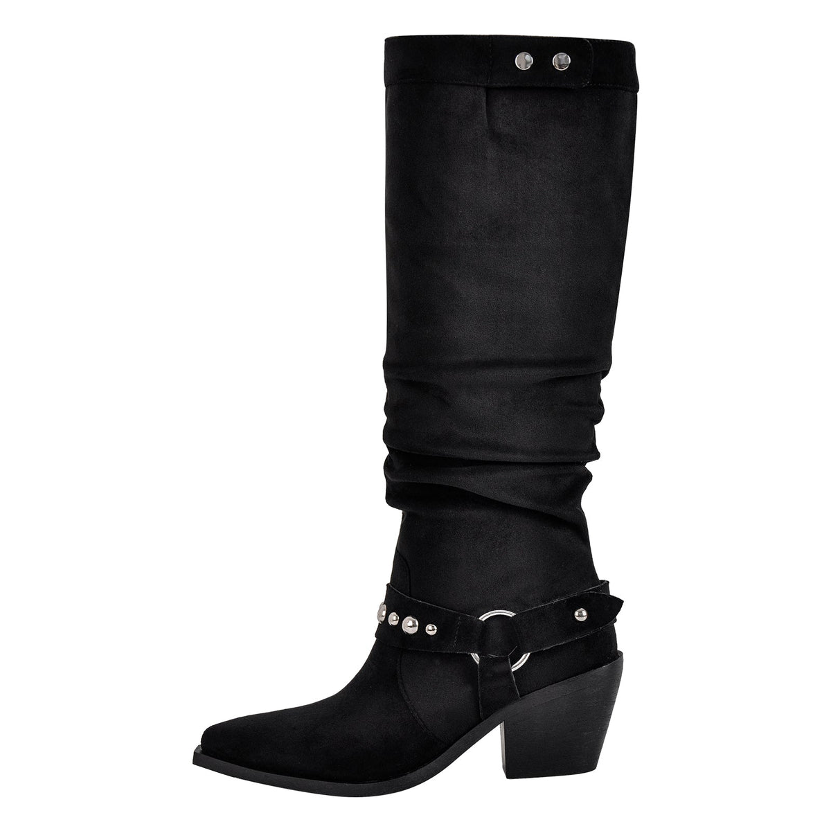 Pointed Toe Rivet Belt Pleated Knee High Boots - Onlymaker Deals