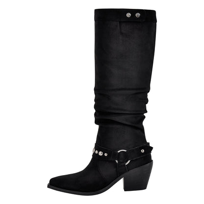 Pointed Toe Rivet Belt Pleated Knee High Boots - Onlymaker Deals