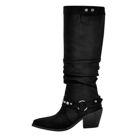 Pointed Toe Rivet Belt Pleated Knee High Boots - Onlymaker Deals