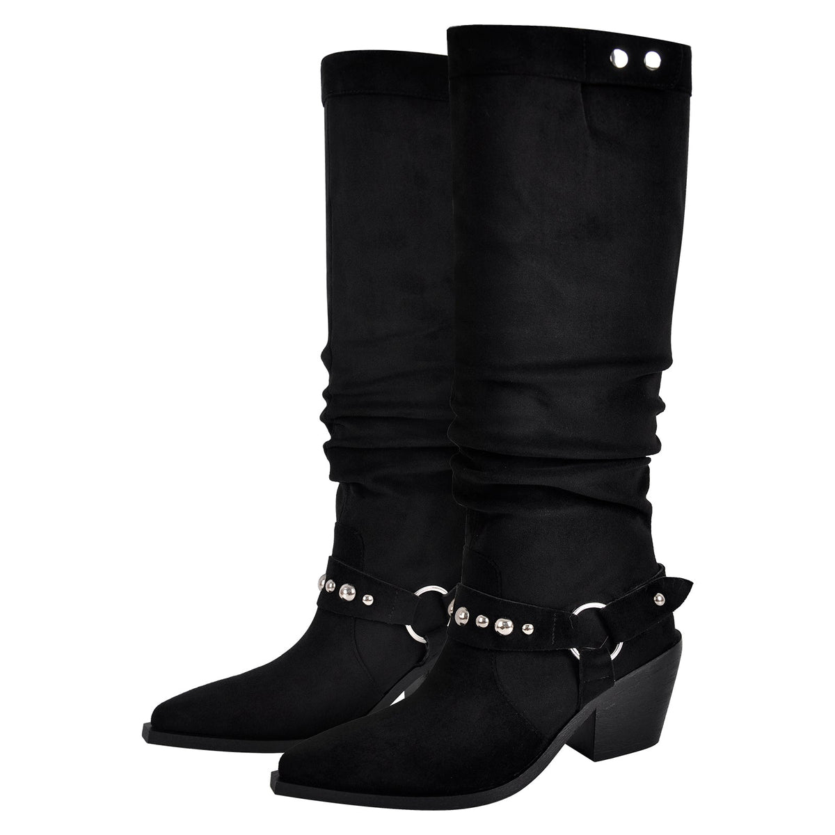 Pointed Toe Rivet Belt Pleated Knee High Boots - Onlymaker Deals