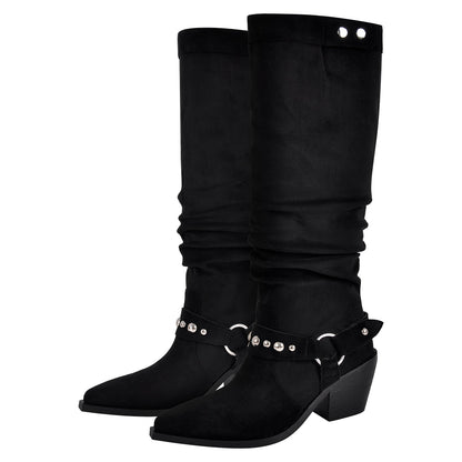 Pointed Toe Rivet Belt Pleated Knee High Boots - Onlymaker Deals