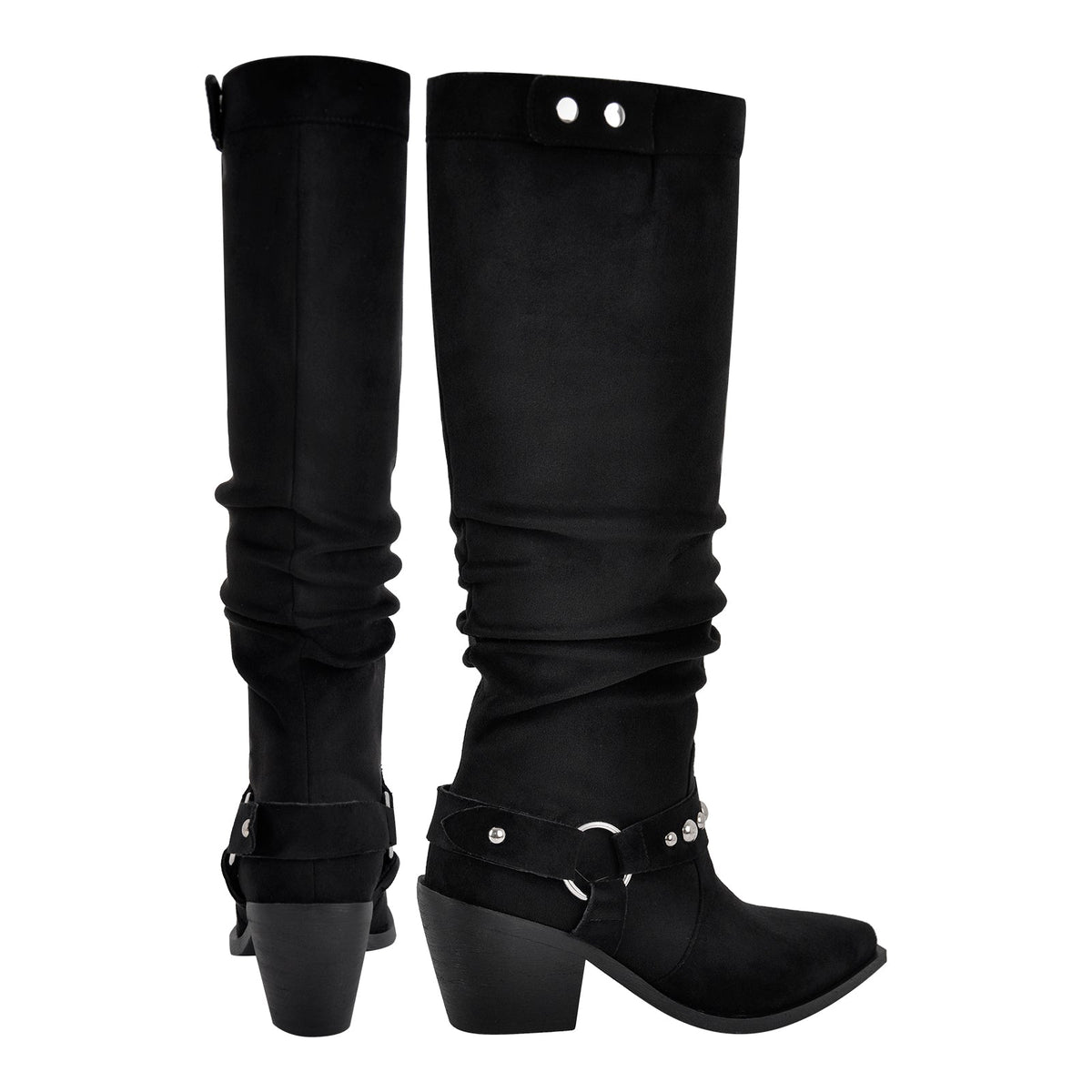 Pointed Toe Rivet Belt Pleated Knee High Boots - Onlymaker Deals