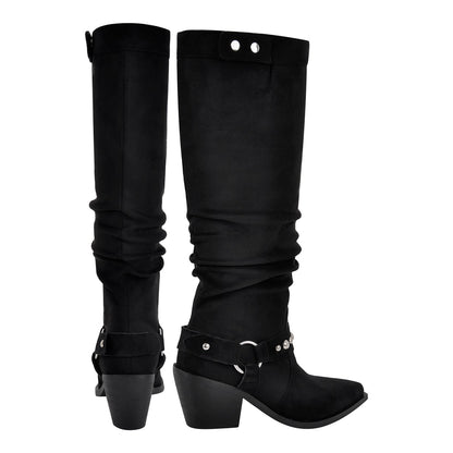 Pointed Toe Rivet Belt Pleated Knee High Boots - Onlymaker Deals