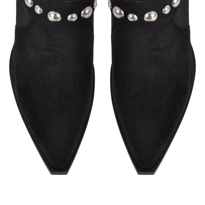 Pointed Toe Rivet Belt Pleated Knee High Boots - Onlymaker Deals
