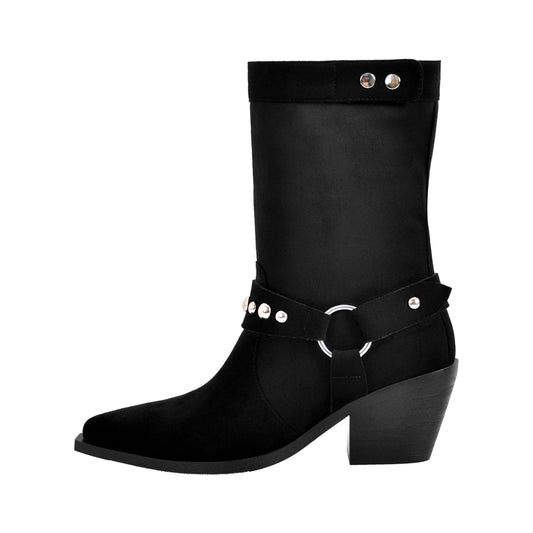 Rivet Pointed Toe Suede Western Ankle Boots - Onlymaker Great Value
