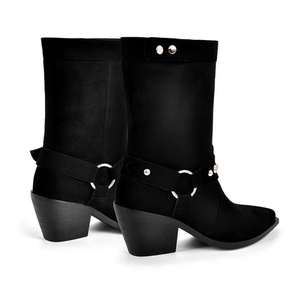 Rivet Pointed Toe Suede Western Ankle Boots - Onlymaker Great Value