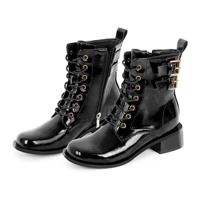 Square Toe Buckle Chunky Heel Ankle Boots - Onlymaker Featured