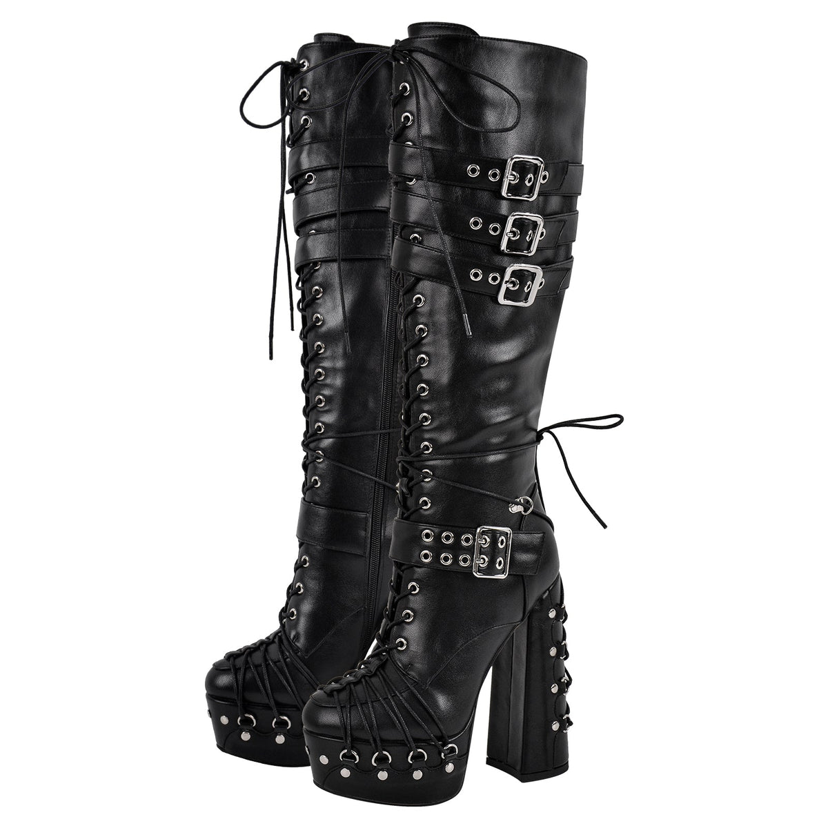 Buckle Lace-up Platform Knee High Boots - Onlymaker Featured
