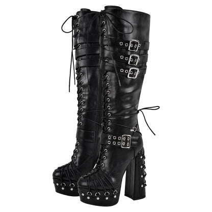 Buckle Lace-up Platform Knee High Boots - Onlymaker Featured