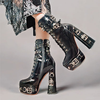 Rivet Belt Buckle Platform Lace-up Chunky Heel Boots - Onlymaker Premium