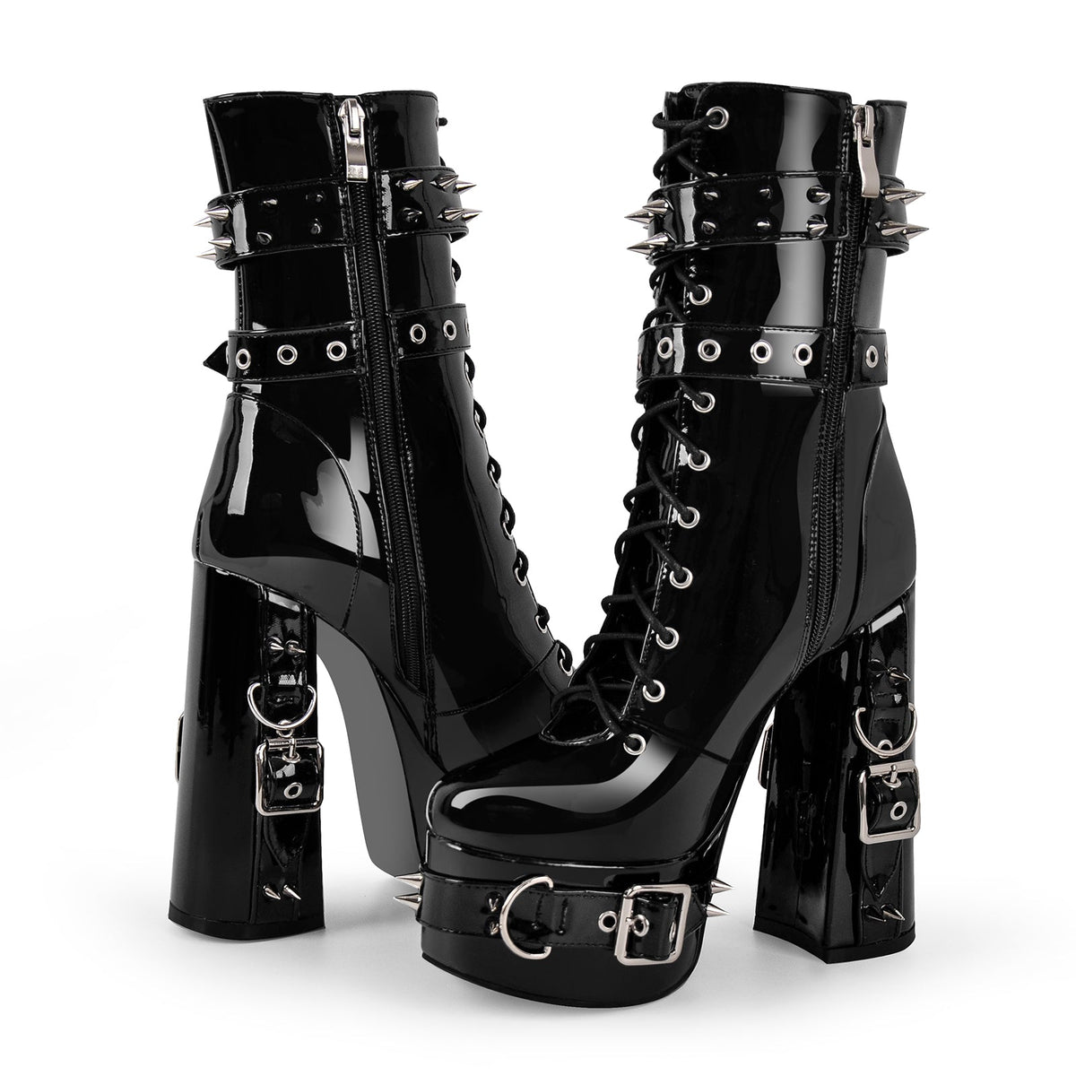 Rivet Belt Buckle Platform Lace-up Chunky Heel Boots - Onlymaker Premium