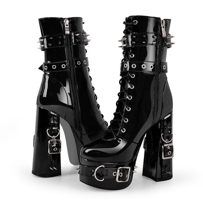 Rivet Belt Buckle Platform Lace-up Chunky Heel Boots - Onlymaker Premium