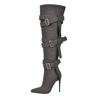 Pointed Toe Buckle Strap Over The Knee Boots - Onlymaker New
