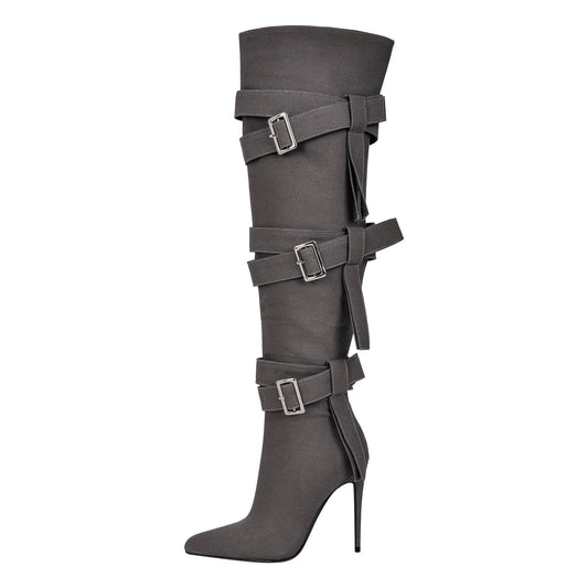 Pointed Toe Buckle Strap Over The Knee Boots - Onlymaker New