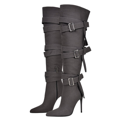 Pointed Toe Buckle Strap Over The Knee Boots - Onlymaker New
