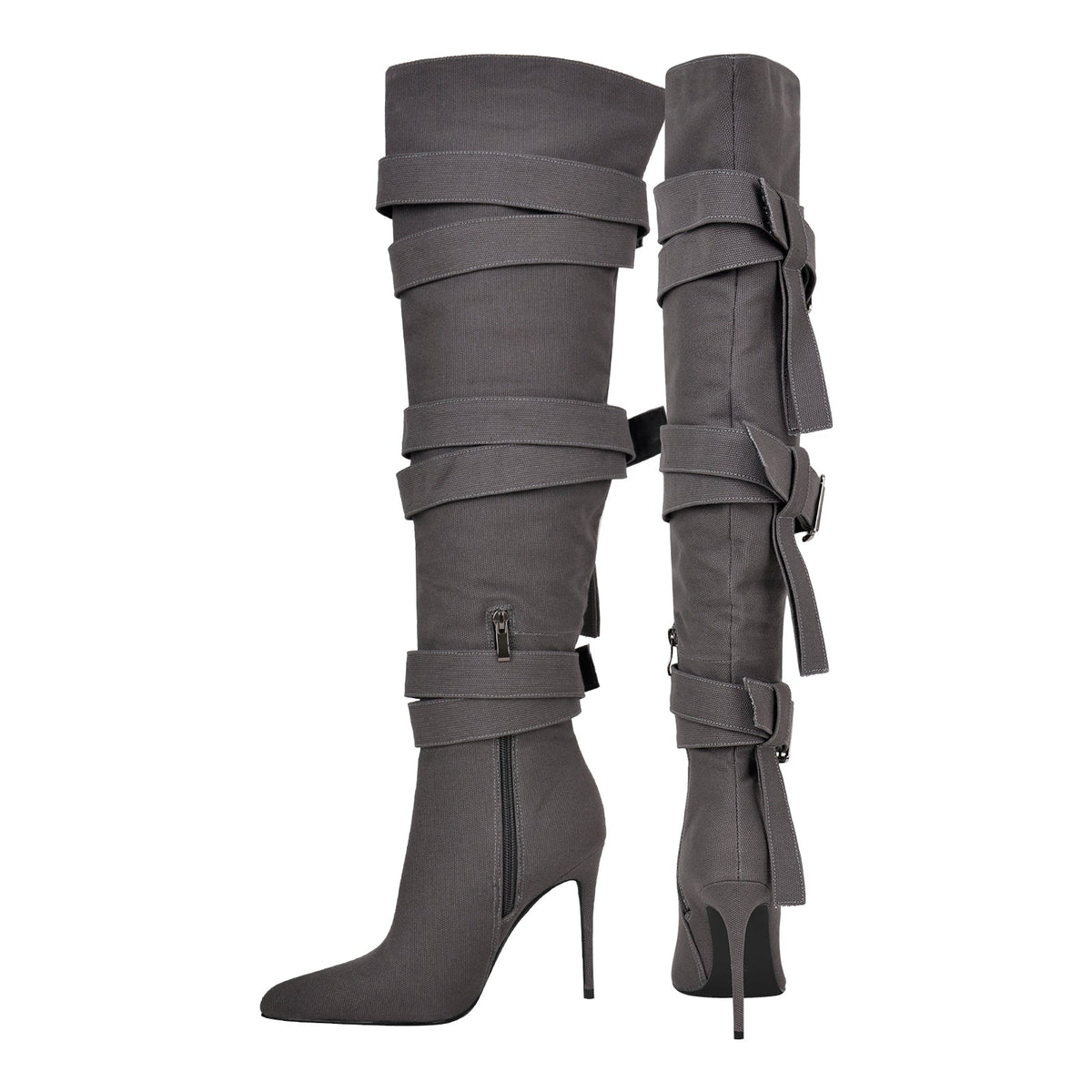 Pointed Toe Buckle Strap Over The Knee Boots - Onlymaker New