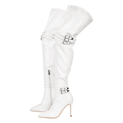 Pointed Toe Stiletto Buckle Over The Knee Boots - Onlymaker Smart Buy
