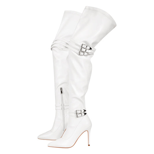 Pointed Toe Stiletto Buckle Over The Knee Boots - Onlymaker Smart Buy