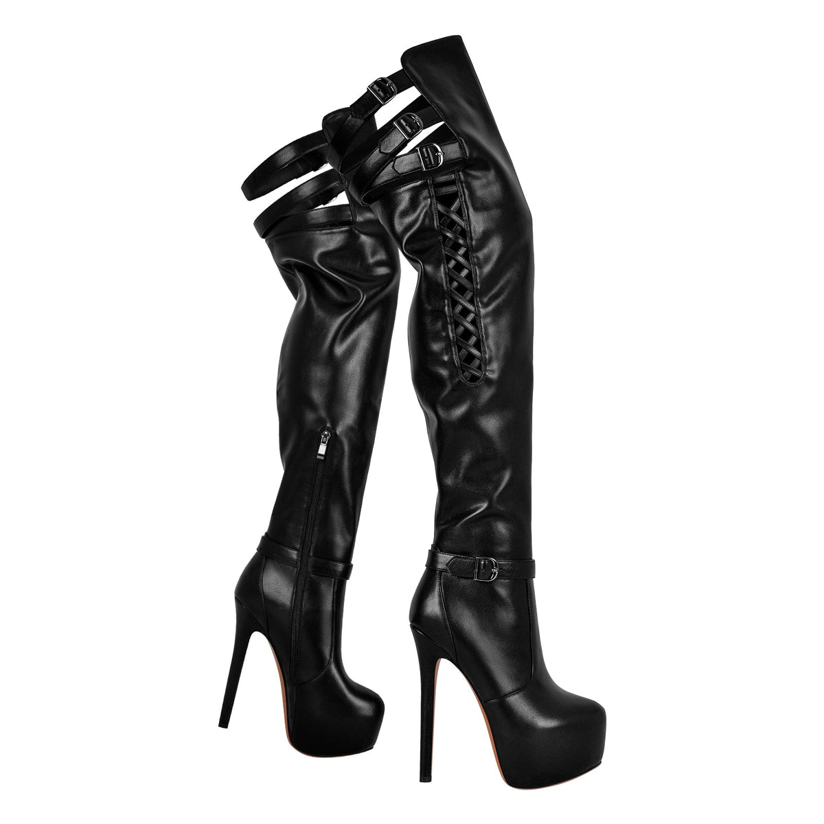 Round Toe Stiletto Platform Over The Knee Buckle Boots - Onlymaker Trusted