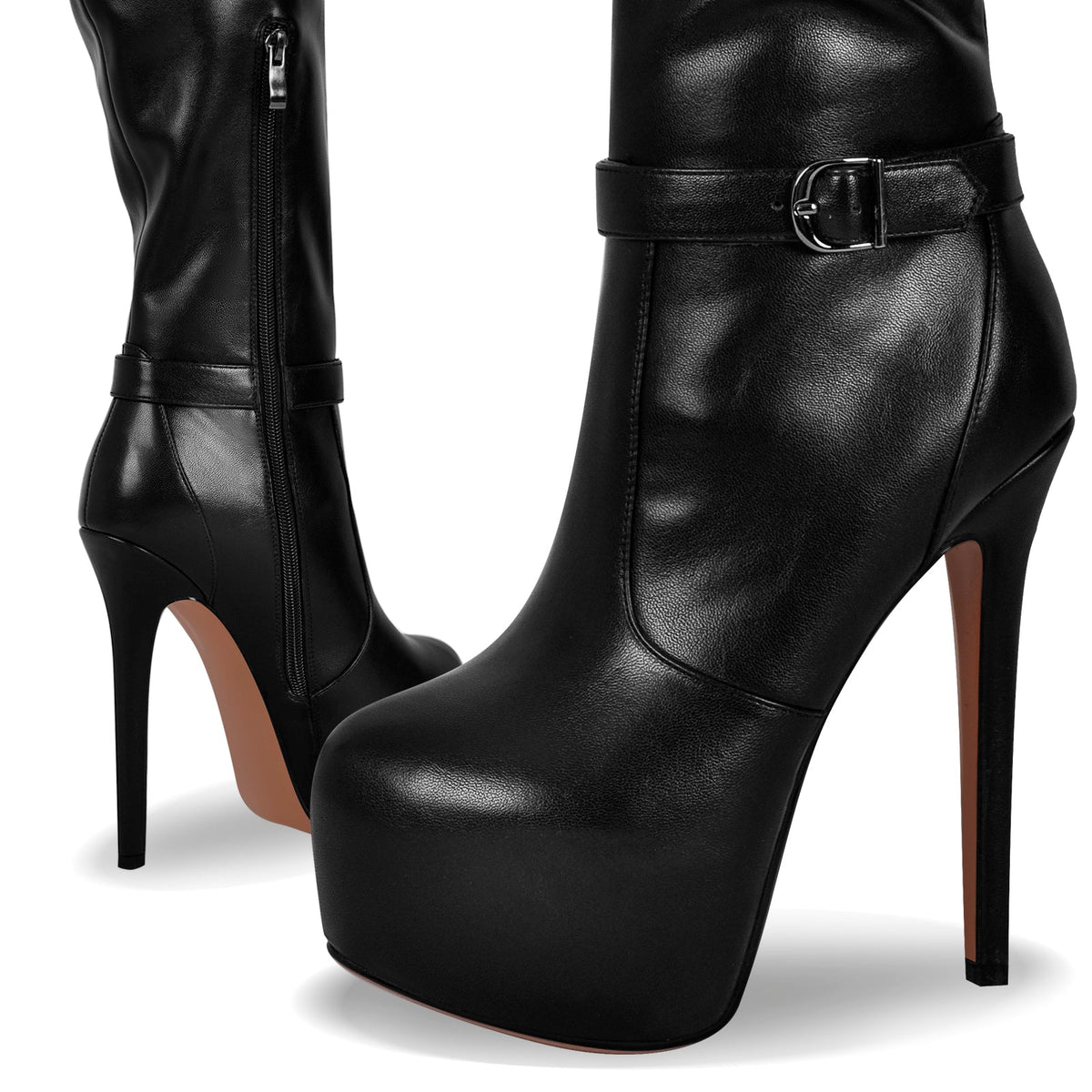 Round Toe Stiletto Platform Over The Knee Buckle Boots - Onlymaker Trusted