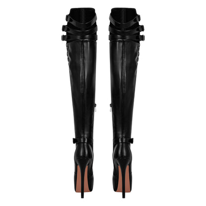 Round Toe Stiletto Platform Over The Knee Buckle Boots - Onlymaker Trusted