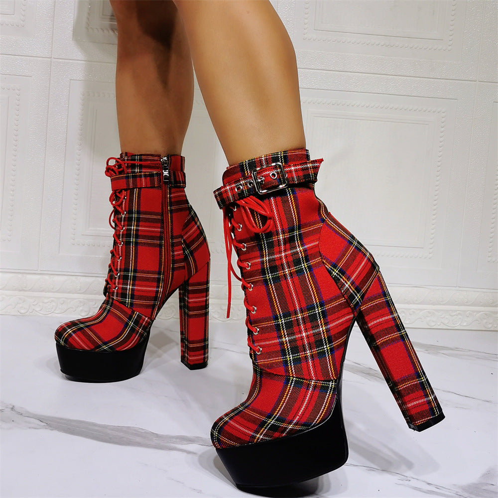 Chunky Heel Plaid Ankle Boots - Onlymaker Special Offer