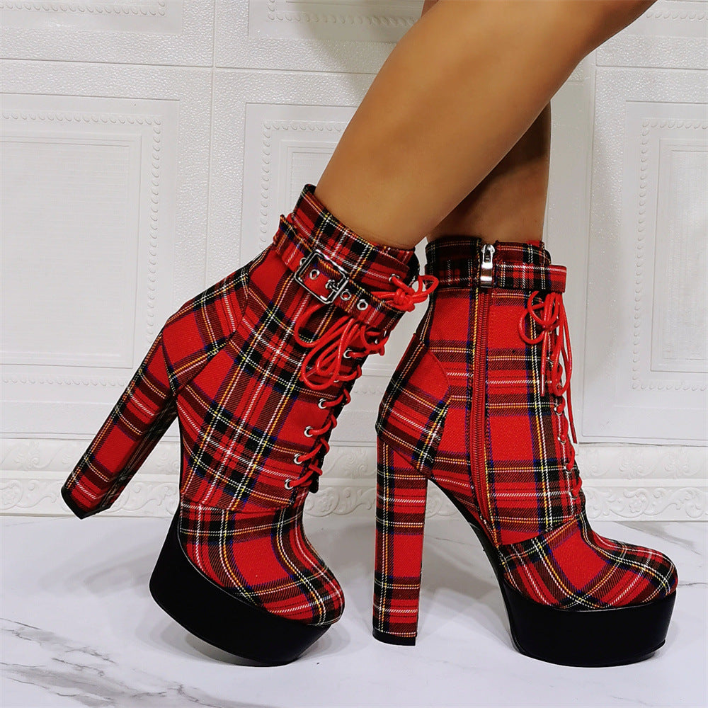 Chunky Heel Plaid Ankle Boots - Onlymaker Special Offer