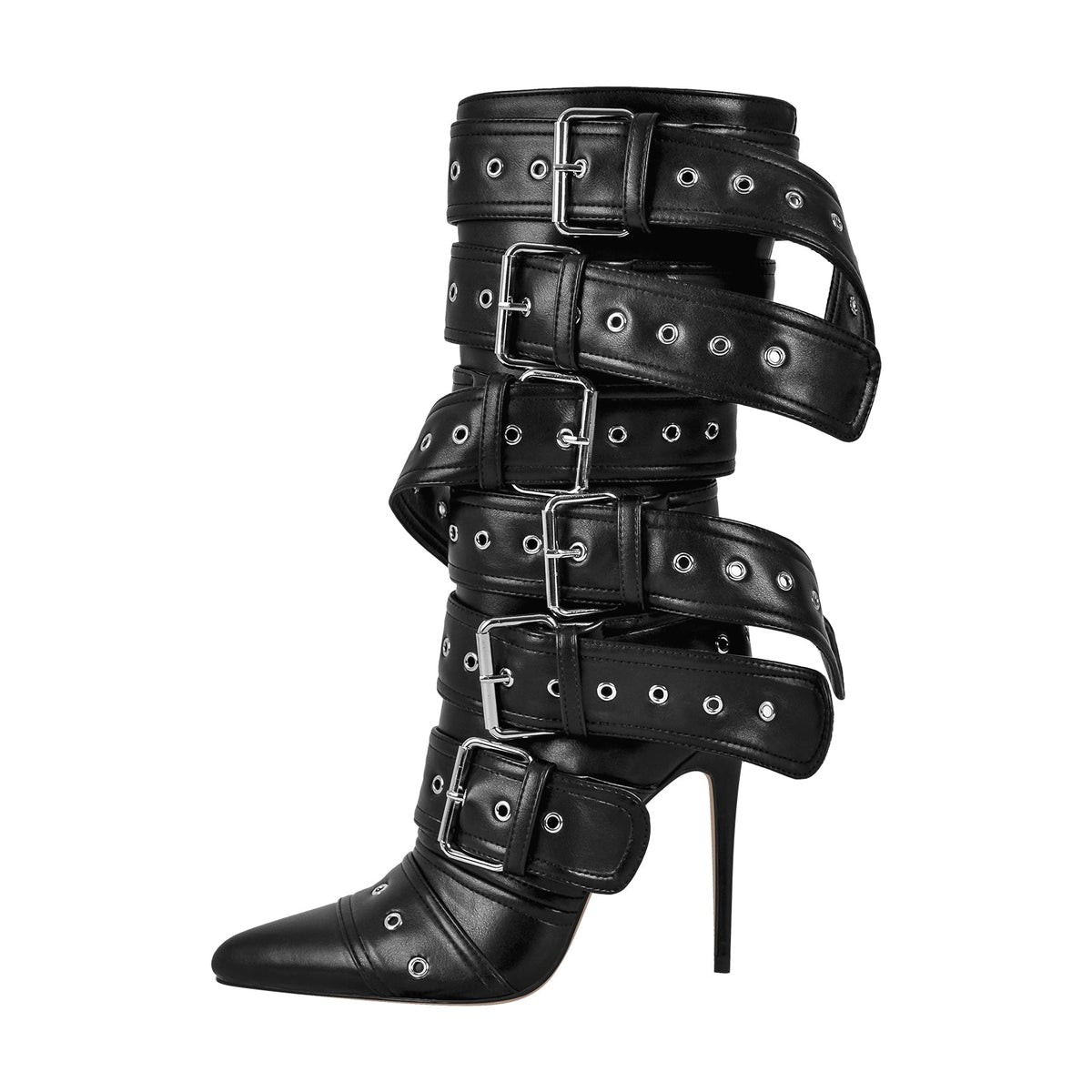 Metallic Pointed Toe Buckles Stiletto Ankle Boots - Onlymaker Smart Buy