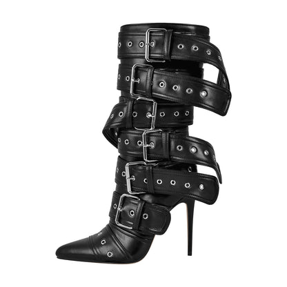 Metallic Pointed Toe Buckles Stiletto Ankle Boots - Onlymaker Smart Buy