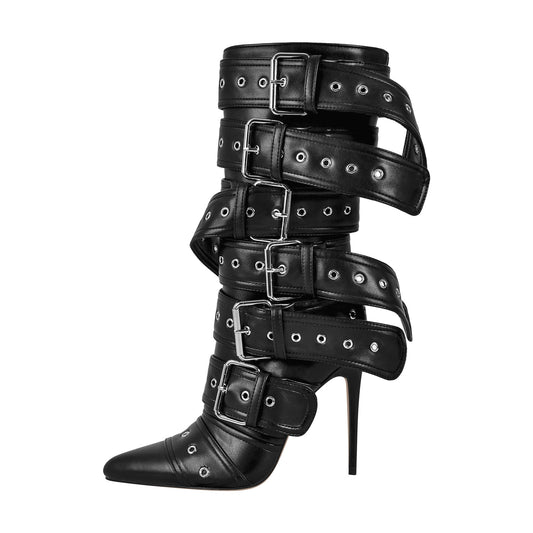 Metallic Pointed Toe Buckles Stiletto Ankle Boots - Onlymaker Smart Buy