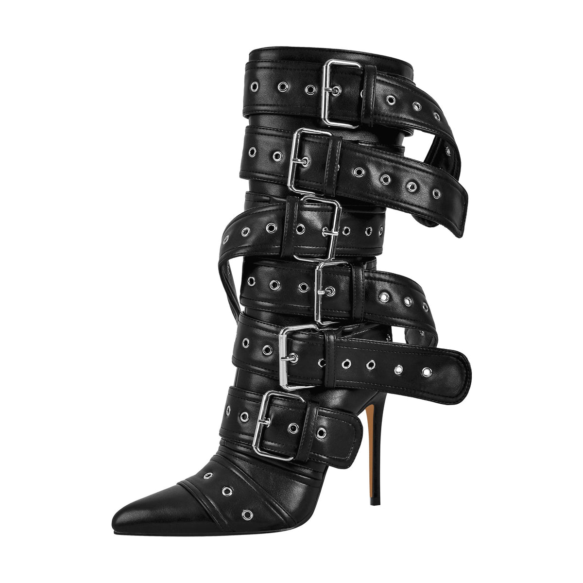 Metallic Pointed Toe Buckles Stiletto Ankle Boots - Onlymaker Smart Buy