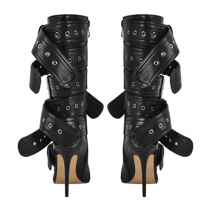 Metallic Pointed Toe Buckles Stiletto Ankle Boots - Onlymaker Smart Buy