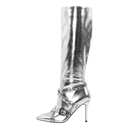 Straps Knee High Metallic Color Boots - Onlymaker Deals